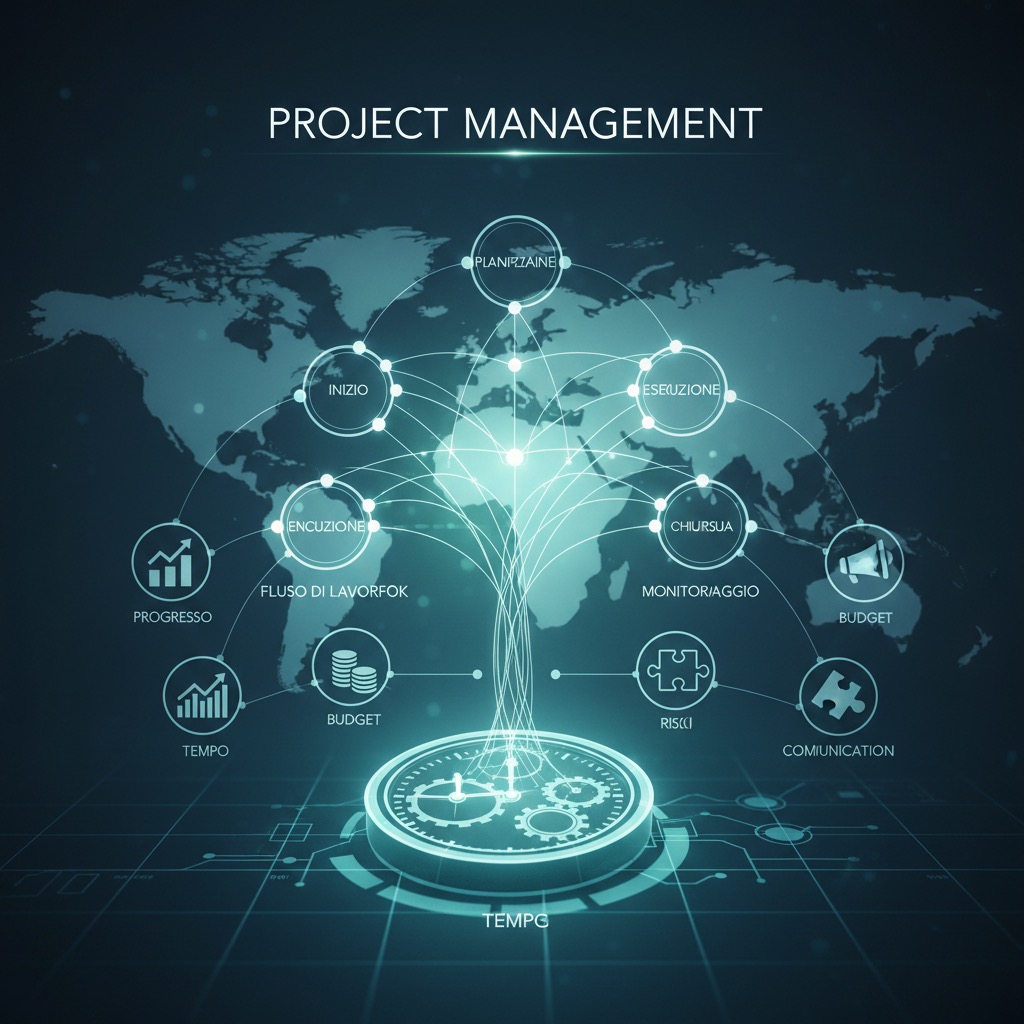 Schema digitale con ingranaggi alla base e un albero luminoso che collega diverse fasi del project management sullo sfondo di una mappa del mondo.