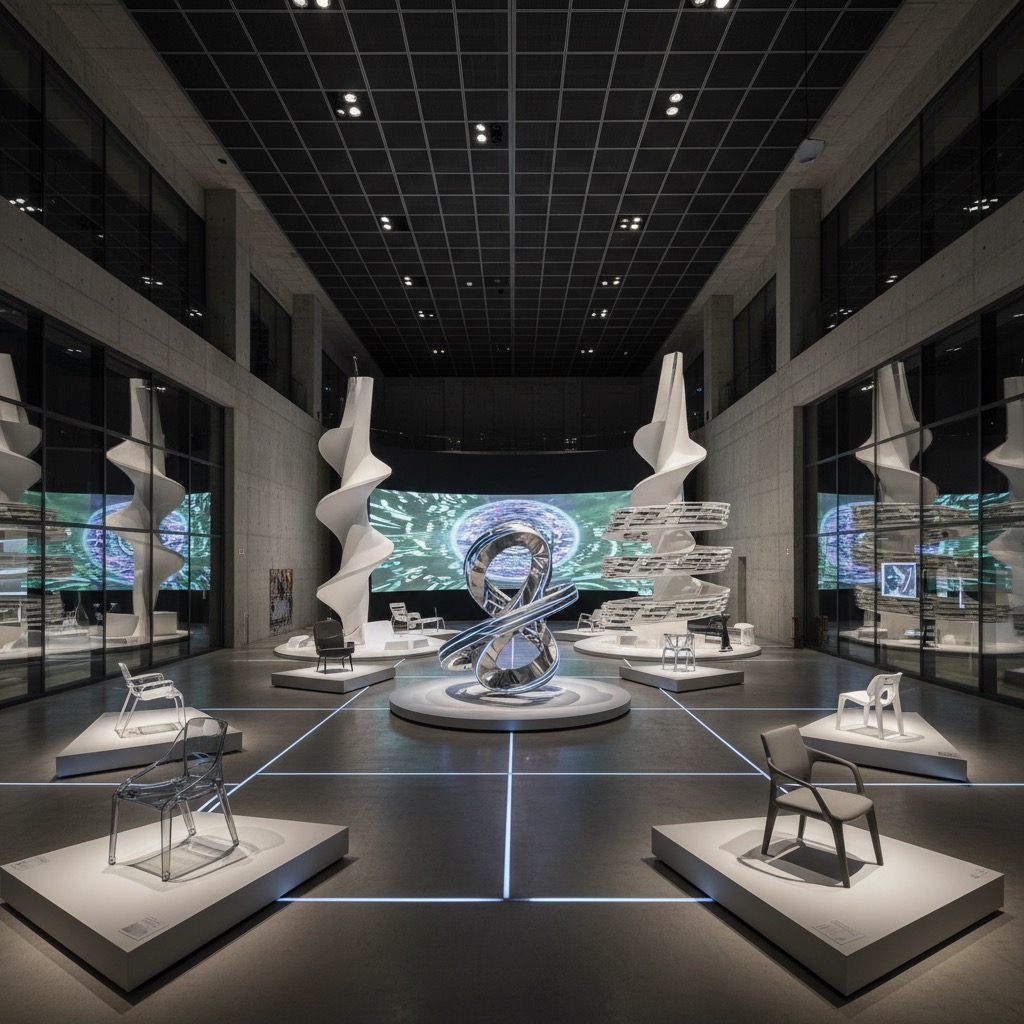 Una vasta sala espositiva mostra diverse sedie di design su podi illuminati e grandi sculture geometriche bianche e metalliche.