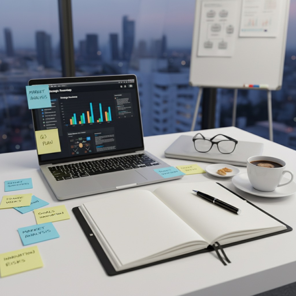 Una scrivania da ufficio con un computer portatile aperto, un blocco note con penna, una tazza di caffè e numerosi foglietti adesivi colorati, con una vista sulla città sullo sfondo.
